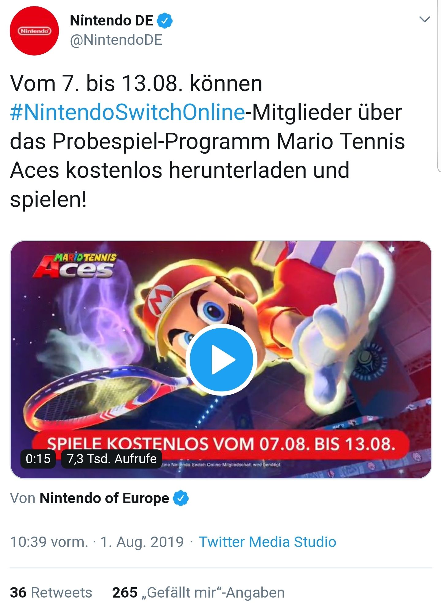 Mario Tennis Aces für kurze Zeit kostenfrei spielbar