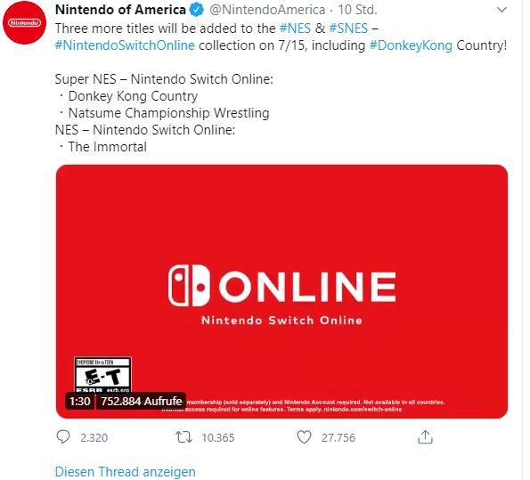 Donkey Kong Country jetzt auf Nintendo Switch für Online-Abonnenten