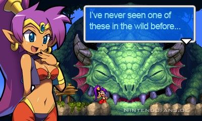Shantae wundert sich über eine Riesenechse, die sie noch nie in der Wildnis gesehen hat