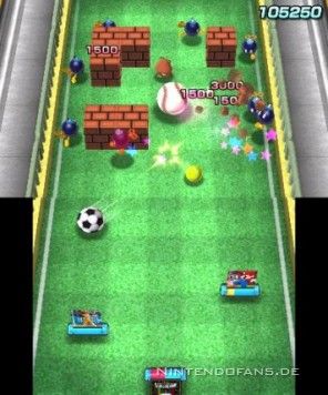 amiibo-Karten bilden die Breakout-Schläger, während verschiedene Sportbälle herabregnen
