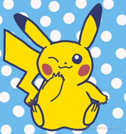 Ein verschmitzt lächelndes Pikachu mit Kontur- und Markierstift vor blauem Hintergrund mit weißen Punkten - Plakativ bemalt
