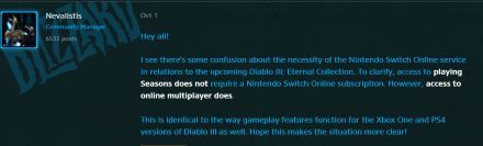 Diablo III - Nintendo Switch Online für Seasons Mode nicht nötig
